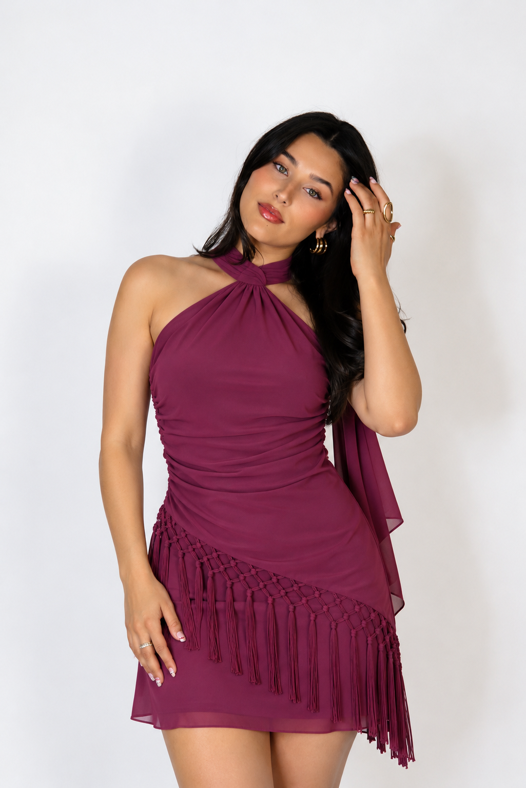 Vestido Halter con Flecos – Color Vino