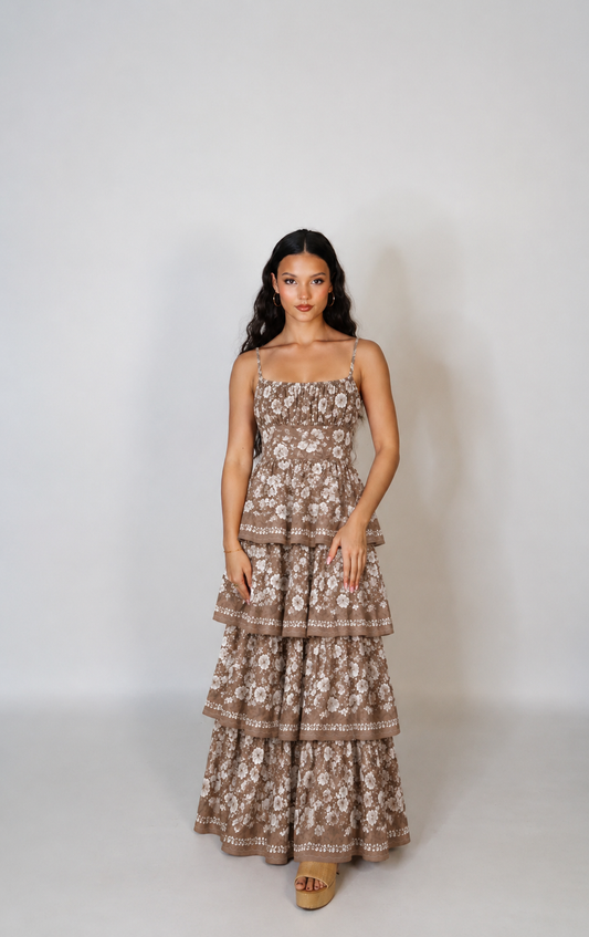 Vestido largo floral de olanes