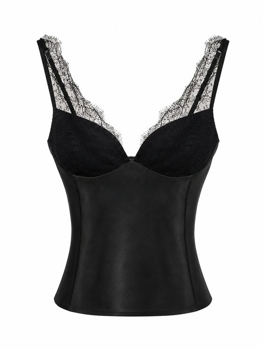 Top satinado con encaje negro