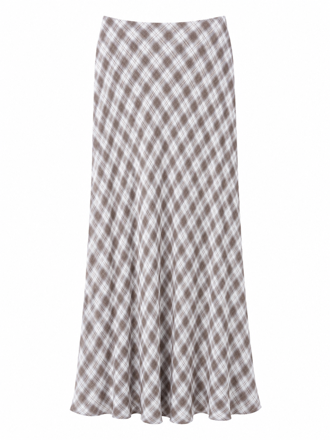 Falda corte midi con estampado plaid en tonos neutros.