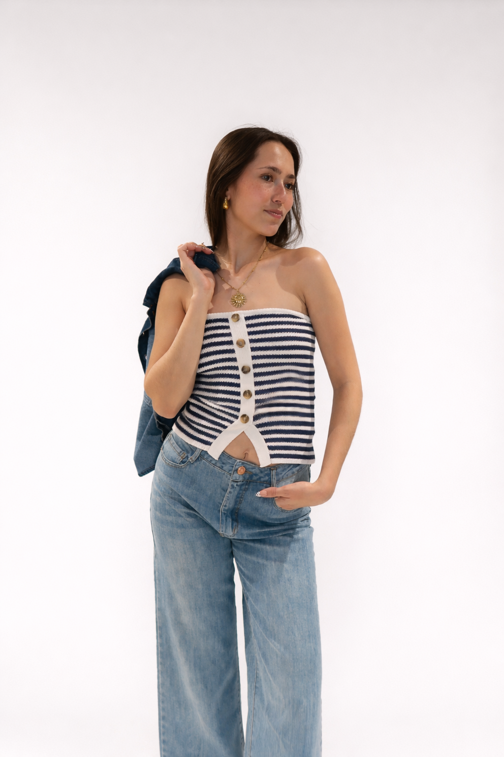 Top Strapless Rayas Botones