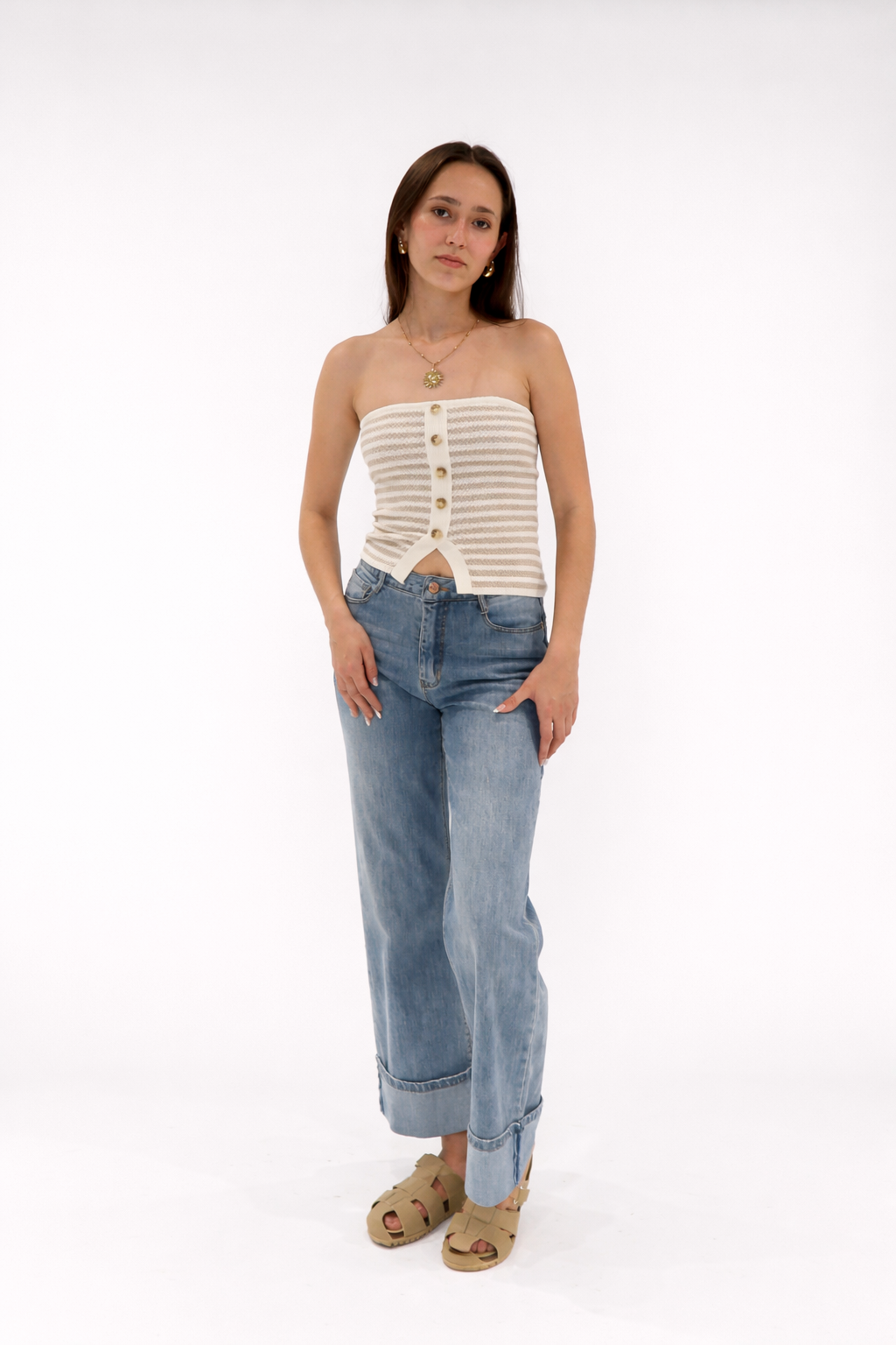 Top Strapless Rayas Botones