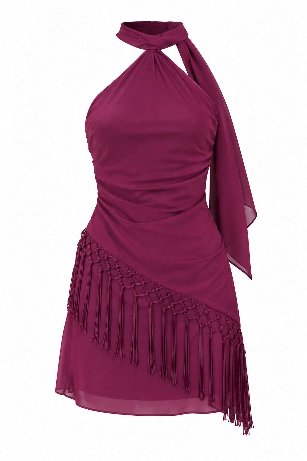 Vestido Halter con Flecos – Color Vino